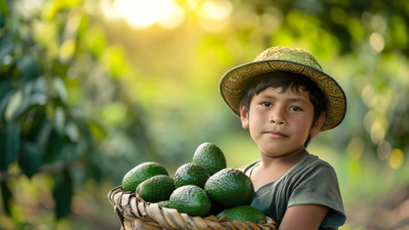 Latin American boy posing with a basket full of avocados in the harvest areaの素材