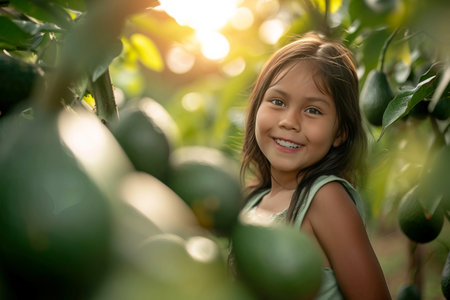 Cheerful Latin American little girl posing and smiling in avocado orchardの素材
