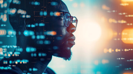 Side view portrait of African American man with computer vision and data conceptの素材