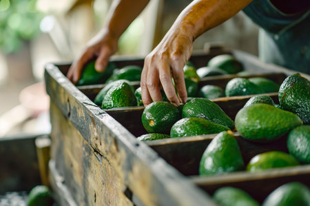 Close-up of a person picking avocados and placing them in a wooden binの素材