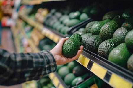 Avocados in the supermarket with client holding one. Close up imageの素材