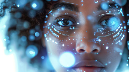 African American woman close up image face with data science communication future technology conceptの素材
