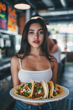 Latin American beautiful young woman posing with a plate of tacos in a fast food restaurantの素材