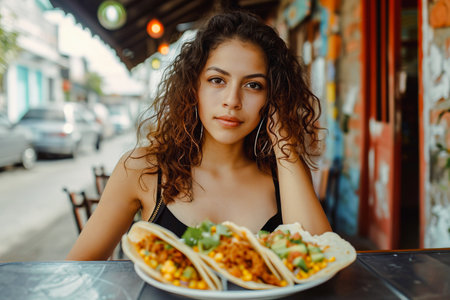 Latin American woman posing with a plate of tacos in an outdoors Mexican restaurant areaの素材
