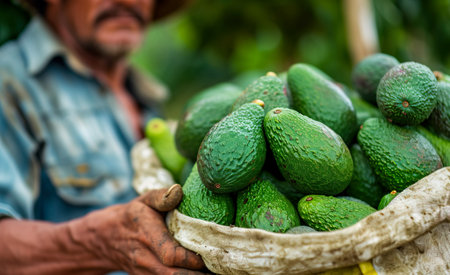 Harvesting worker with avocados bag. Avocado picking seasonの素材