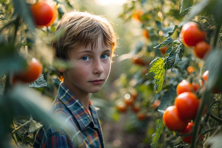 Caucasian boy posing in among tomatoes harvest areaの素材