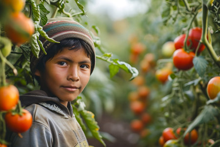 Little Latin American boy posing in a Tomatoes orchardの素材