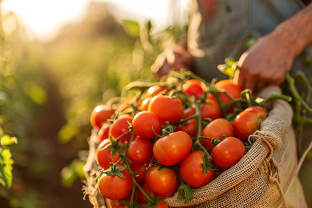 Worker with a harvest bag full of fresh organic tomatoesの素材
