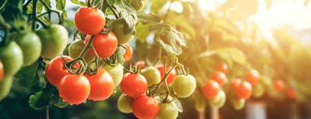 Close up of ripe tomatoes plant growing in greenhouse with copy spaceの素材