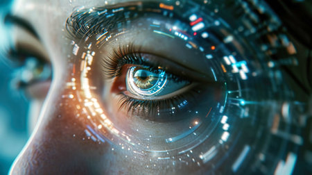 Futuristic females bionic eye close up shot. Data is reflected on the retina, data science communication future technology conceptの素材
