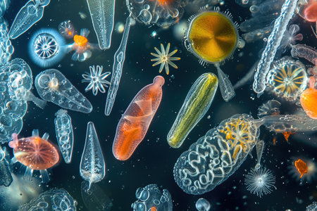 Sample particles under the microscope of different micro organisms in waterの素材