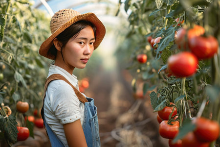 Asian female worker posing among tomato orchardの素材