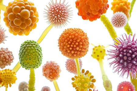 Microscopic Pollen and Spores: Plant reproductive structures on, white backgroundの素材