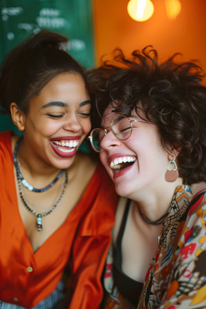 Casual portrait of multi racial friends laughing and enjoying free time togetherの素材