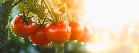 Close up of ripe Tomatoes plant with sunbeam rays as background with copy spaceの素材