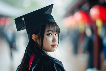 Beautiful Asian girl wearing black graduation cap and gown and posing casually in outdoorsの素材