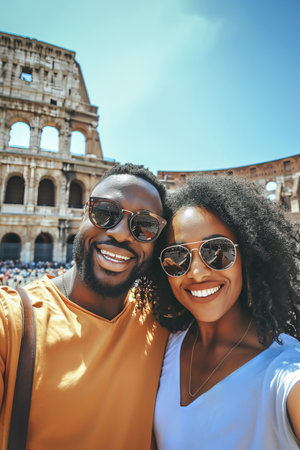 Selfie of an African American couple on vacation with the roman colosseum in the backgroundの素材