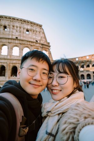 Young Asian couple selfie on vacation with the roman colosseum in the backgroundの素材