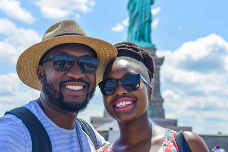 Selfie of an African American couple on vacation with the Statue of Liberty as backgroundの素材