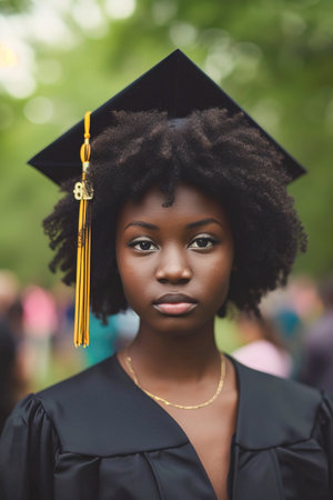 Gorgeous young African woman posing with graduation cap and gown in outdoors. Vertical photoの素材