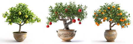 Pear, pomegranate and orange tree in a pot, Roman style garden over white backgroundの素材