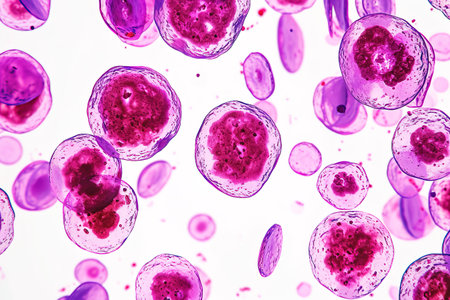 Pink colorful cells sample seen under the microscope over white backgroundの素材