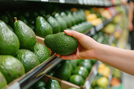 Close up image of avocados in a supermarket with unrecognizable a person hand taking an avocadoの素材
