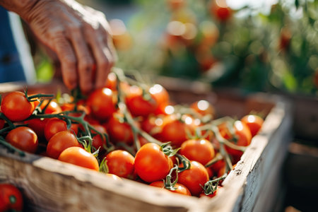 Unrecognizable person picking tomatoes and placing them in a wooden bin. Harvesting season conceptの素材