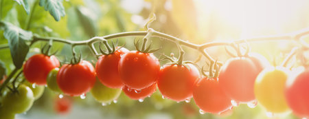 Close up of ripe Italian tomatoes plant growing on tree branch. Panoramic image with copy spaceの素材