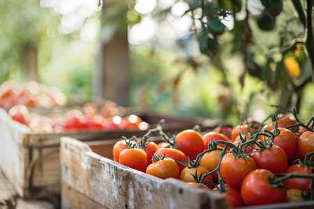 Wooden harvest bin full or organic tomatoes. Close up imageの素材