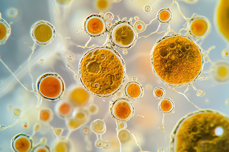 Fungi mold and yeast yellow particles sample seen under microscopeの素材