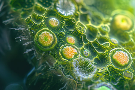 Microscopic sample of green spores and particles in plantsの素材