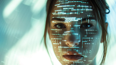 Close up portrait of woman with computer vision and data visualize on her face. New technologies, futuristic and AI conceptの素材