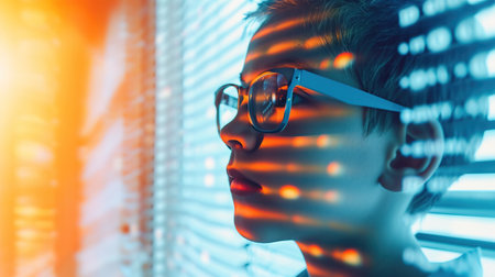 Caucasian boy side view wearing eye glasses with reflection light effect of American blindsの素材