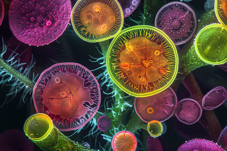 Colorful Microscopic Pollen and Spores structures of cells over dark backgroundの素材