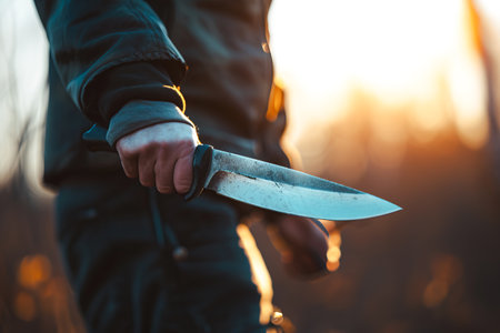Unrecognizable dangerous person holding knife. Close up image, thief, robbery conceptの素材