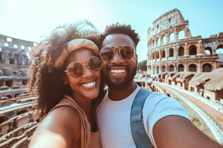 Romantic African American couple taking selfie of on vacation with the roman colosseum in the backgroundの素材