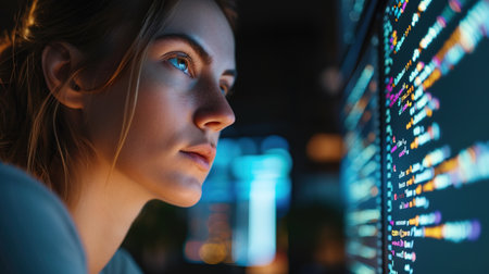 Female computer programmer looking through code and code on web stock. Close up image. Mining, crypto conceptの素材