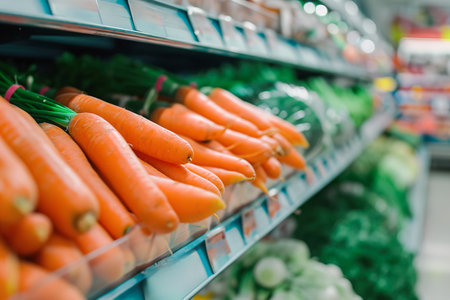 Close up image of carrots in a supermarket aisleの素材
