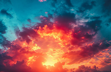 Gradient epic sunset cloudy sky background with golden sunbeam lightの素材