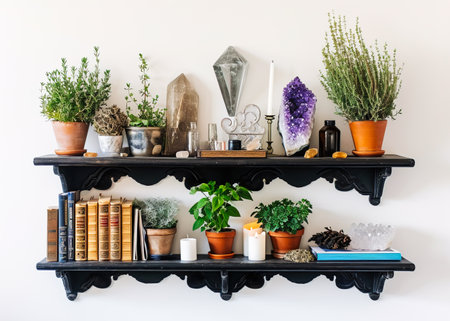 Wall shelf bohemian esoteric style with crystals, dried herbs, pots of green growing herbs, candles and booksの素材