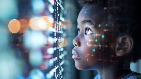 African American little boy with computer vision and data concept visualization in his little face. Technological advance and futuristic conceptの素材