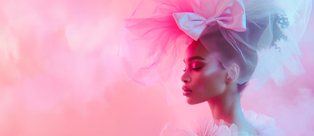 Side view portrait of African American woman with big pink ribbon on head. Coquette style over pink misty background with copy spaceの素材