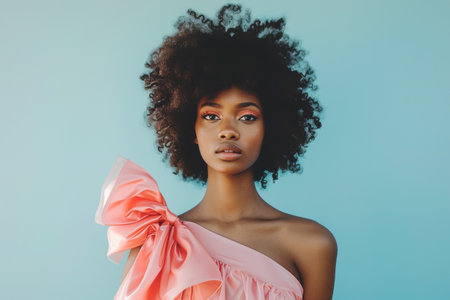 Gorgeous African American woman with coquette outfit, elegant pink dress over light blue background looking at cameraの素材