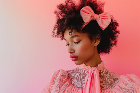 Coquette outfit on African American woman with lace blouse, pink dress with bow on head over pink backgroundの素材