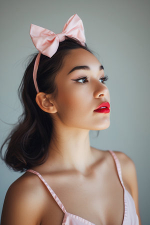Latin American woman with pale pink ballerina dress with bow on head, coquette style over studio shot backgroundの素材