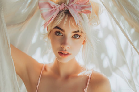 Cute portrait of blonde woman with pink bow, coquette style outfitの素材