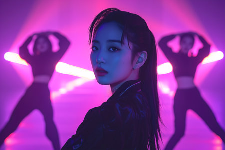 Asian K-pop female artist posing during video clip recording in studio. Dancer dancing in the backgroundの素材