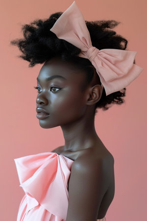 Afro American young woman wearing pink outfit, coquette trendy style over pink studio shot background. Vertical imageの素材