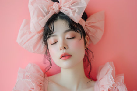Headshot brunette young woman wearing coquette outfit over pink background posing with eyes closedの素材
